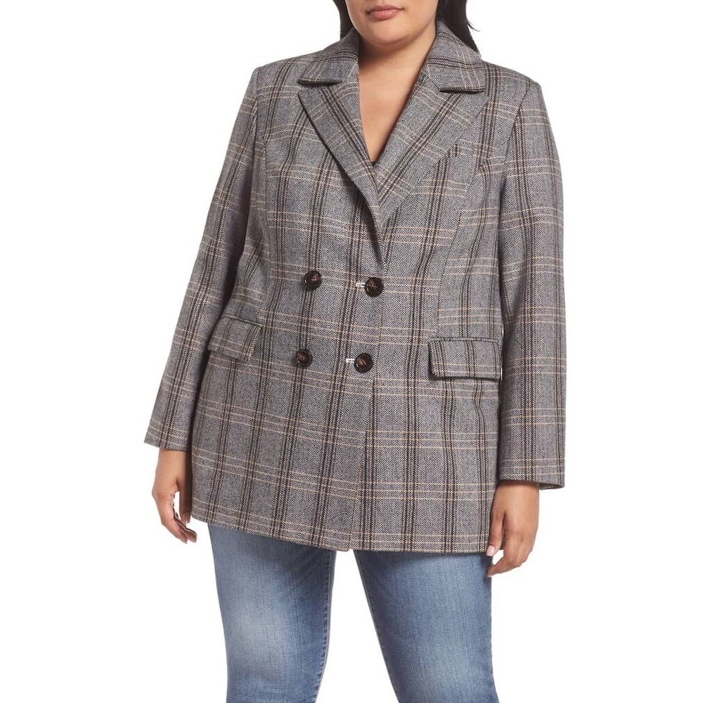 Avec Les Filles Size 1X Gray Plaid Double Breasted Blazer Preppy‎ Academia
